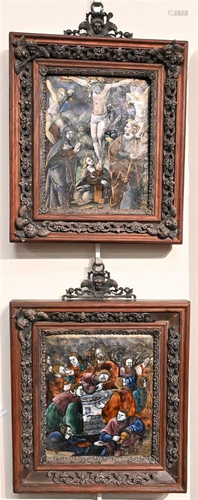 Pair of Limoges Painted Enamel Plaques Depicting Scene