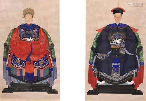 Two Large Chinese Ancestral Portraits, both watercolor