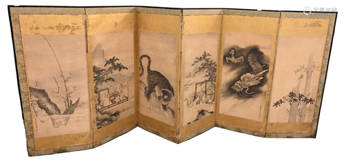 Six Fold Japanese Dressing Screen, depicting village