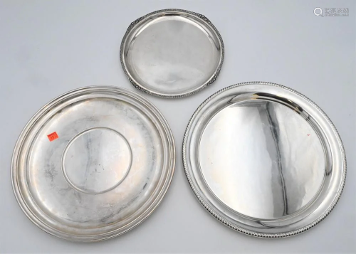 Group of Three Large Silver Round Trays, largest marked