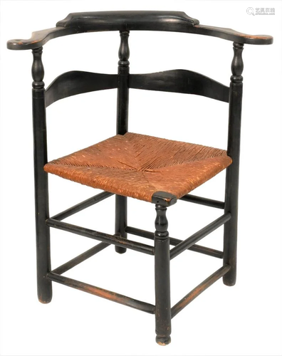 Queen Anne Corner Chair, having rush seat, old black