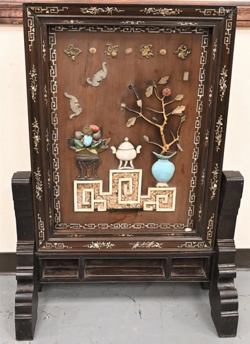 Large Chinese Hardwood Screen, having mother of pearl