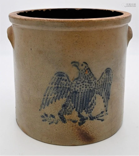 Two Gallon Stoneware Crock, having blue eagle, (some