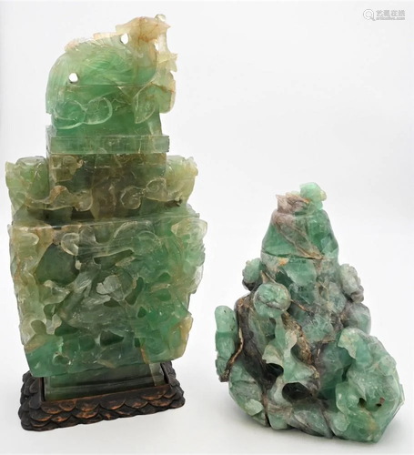 Two Green Quartz Covered Urns, to include large urn in