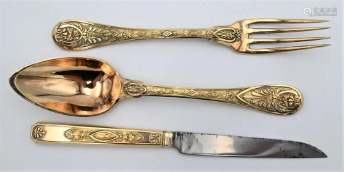 Silver Vermeil Travelling Knife, Fork and Spoon Set, in
