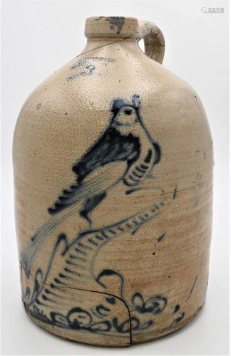 Fort Edward Three Gallon Jug, having cobalt bird