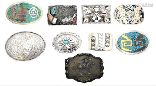 Nine Large Belt Buckles, to include eight silver, along