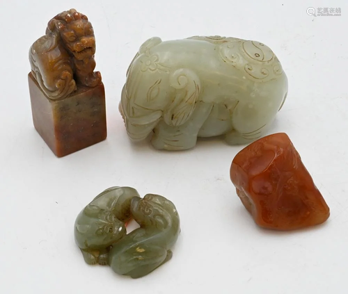 Four Piece Group, to include two carved jade figures,