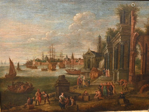 Italian School, port and market in Italy, 18th century,