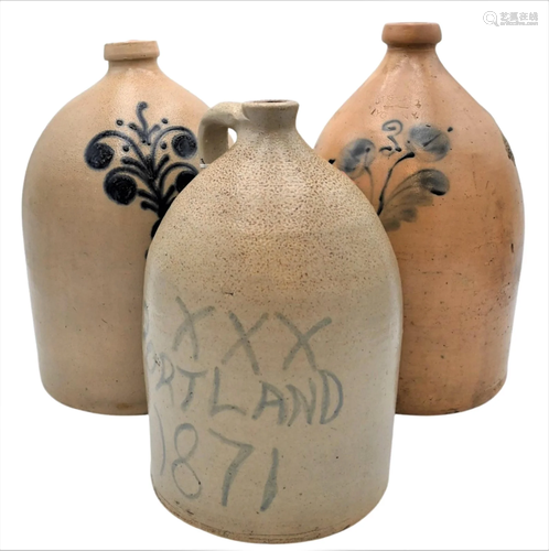 Three Stoneware Jugs, one marked Portland, 1871, XXX,