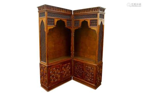 TWO TALL ORIENTALIST MASHRABIYA-STYLE CORNER CABINETS Egypt,...