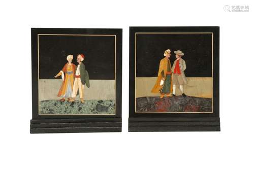 TWO SMALL FLORENTINE PIETRA DURA PANELS WITH TURKISH AND EUR...