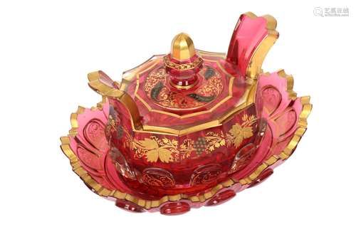 A GILT ROSE PINK GLASS LIDDED BONBONNIERE MADE FOR THE MIDDL...