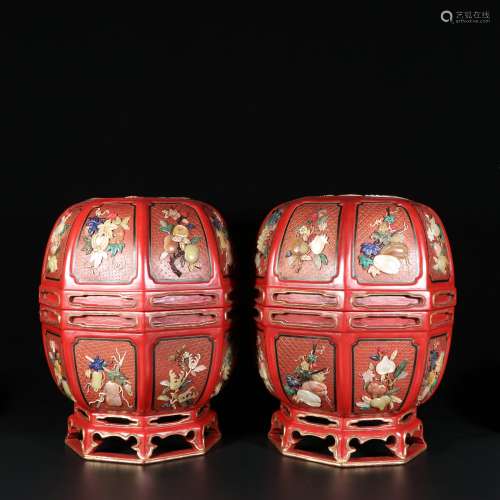 A Pair Of Large Lacquer Woodcarving Lantern Boxes Inlaid Wit...
