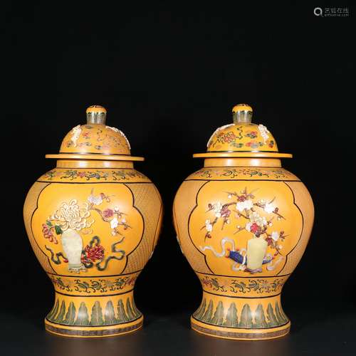 A Pair Of Large Lacquer Woodcarving Jars