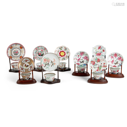 SET OF NINE FAMILLE ROSE CUPS AND SAUCERS QING DYNASTY,