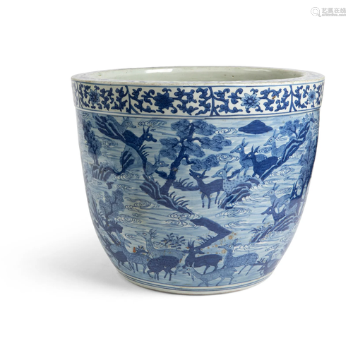 LARGE BLUE AND WHITE 'DEER' BASIN MING DYNASTY,