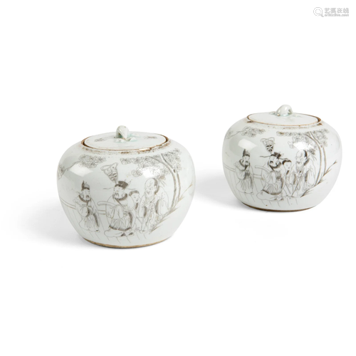 PAIR OF GRISAILLE-DECORATED TEA CANISTERS WITH COVERS