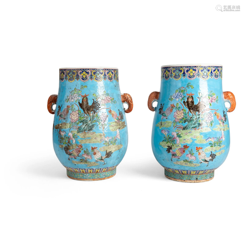 PAIR OF BLUE-GROUND FAMILLE ROSE VASES LATE QING