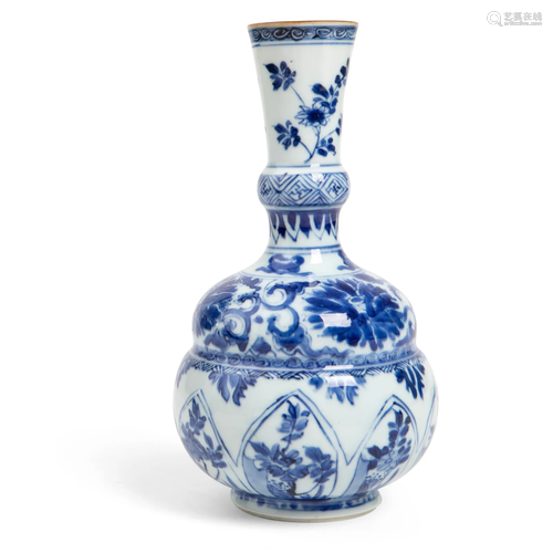 BLUE AND WHITE MOULDED BOTTLE VASE KANGXI PERIOD