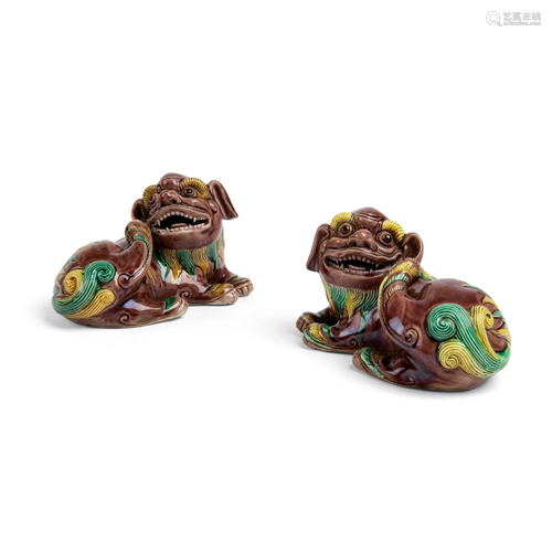 PAIR OF SANCAI-GLAZED RECLINING LIONS REPUBLIC PERIOD