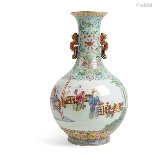 TURQUOISE-GROUND FAMILLE ROSE 'BOYS AT PLAY' VASE