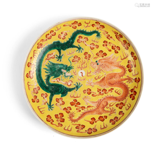 YELLOW-GROUND FAMILLE ROSE 'DRAGON' PLATE GUANGXU …