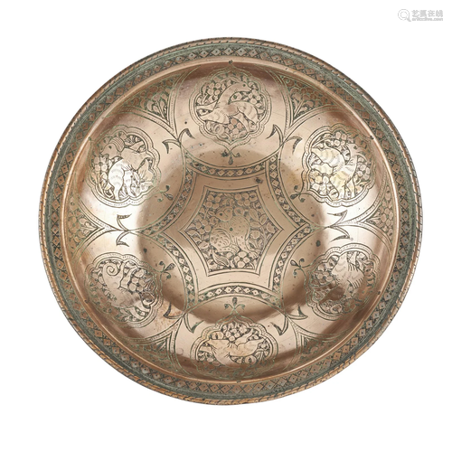 TWO MAMLUK STYLE TINNED COPPER DISHES EGYPT OR SYRIA,