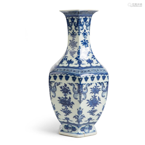 BLUE AND WHITE HEXAGONAL VASE QING DYNASTY, …