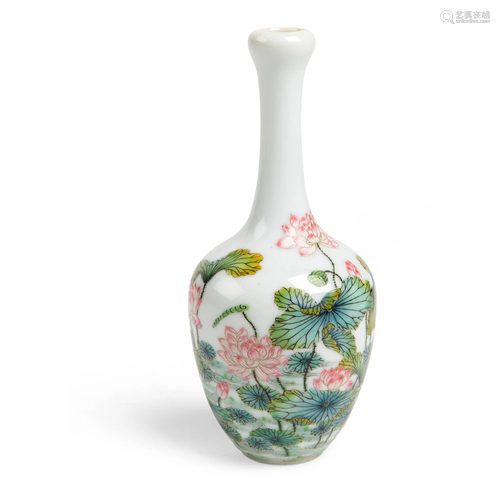 SMALL FAMILLE ROSE 'LOTUS POND' VASE YONGZHENG MARK BUT