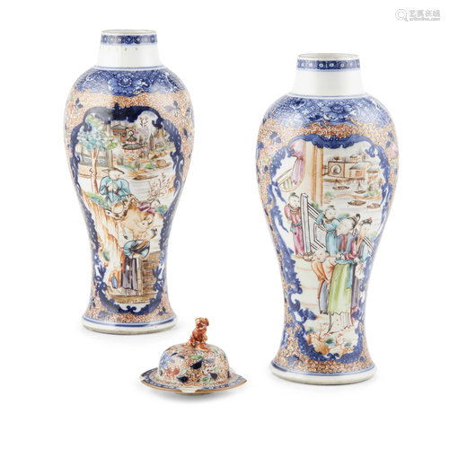 PAIR OF BLUE AND WHITE WITH FAMILLE ROSE VASES WITH ONE