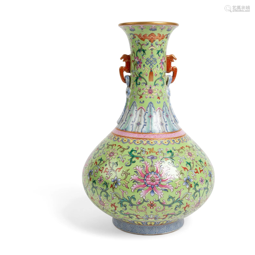 LIME-GREEN-GROUND FAMILLE ROSE 'LOTUS' VASE QIANLONG