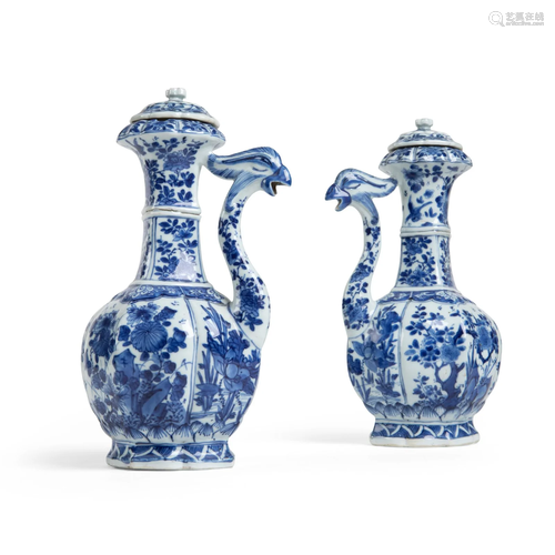 PAIR OF BLUE AND WHITE PHOENIX-HEAD LIDDED EWERS QING