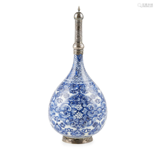 BLUE AND WHITE SILVER-MOUNTED ROSEWATER SPRINKLER …