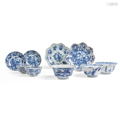 GROUP OF NINE BLUE AND WHITE WARES QING DYNASTY, KA…