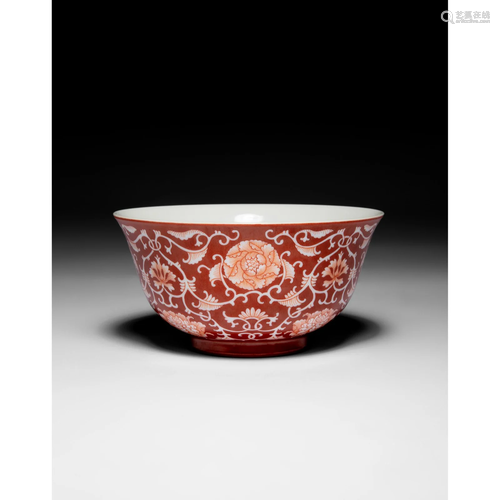 CORAL-GROUND RESERVE-DECORATED 'LOTUS' BOWL QING