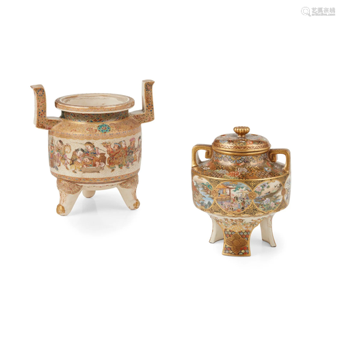 TWO SATSUMA TRIPOD CENSERS, KORO MEIJI PERIOD