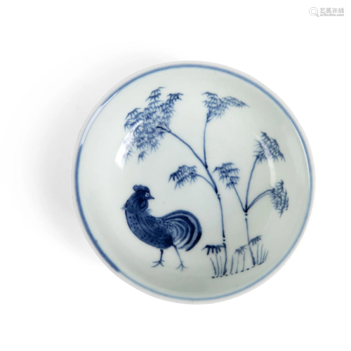 BLUE AND WHITE 'ROOSTER AND BAMBOO' BOWL QING DYNA…