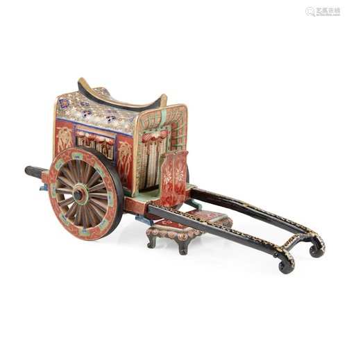 KYO-YAKI CENSER IN THE FORM OF AN OX-DRAWN CARRIAGE,