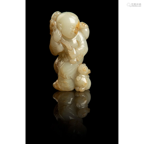 WHITE JADE WITH RUSSET SKIN CARVING OF A BOY WITH CAT