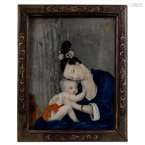 REVERSE GLASS MIRROR PAINTING OF MOTHER AND CHILD …