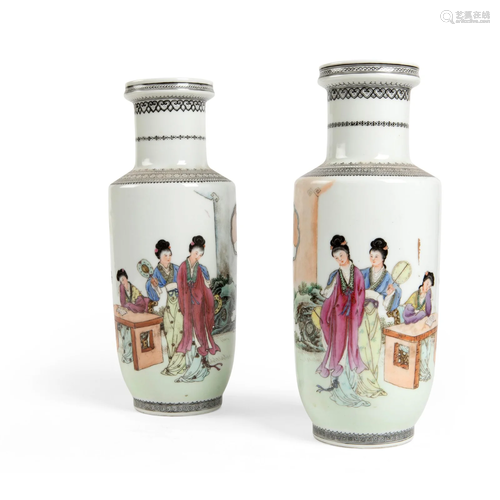 PAIR OF FAMILLE ROSE 'LADIES' BALUSTER VASE REPUBLIC