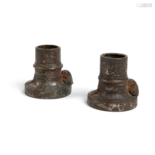 PAIR OF SILVER INLAID BRONZE CHARIOT FITTINGS WARRING