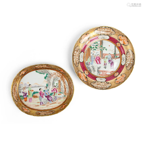 TWO GILT-DECORATED CANTON FAMILLE ROSE PLATES QING