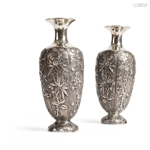 PAIR OF CHINESE EXPORT SILVER VASES QING DYNASTY,