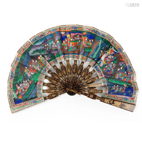 CANTON LACQUERED AND PAPER 'TELESCOPIC' FAN QING