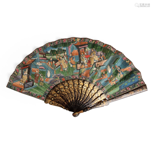 CANTON LACQUERED AND PAPER 'THOUSAND FACES' FAN QING