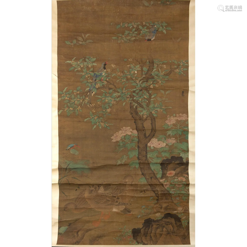 INK SCROLL PAINTING OF FLOWER AND WATERFOWLS