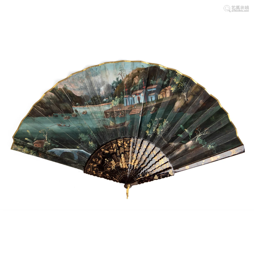 CANTON LACQUERED AND PAPER 'LANDSCAPE' FAN QING