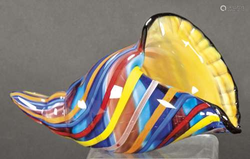 Murano glass shell with coloured stripes. Marked and numbere...
